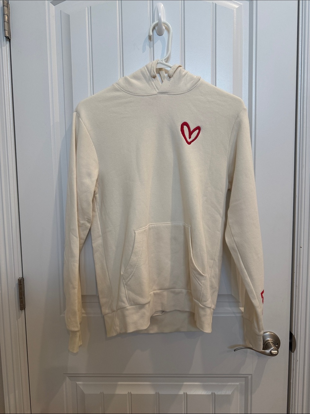 House of Shan Cream Hooded Sweater with Red imperfect Heart Detail